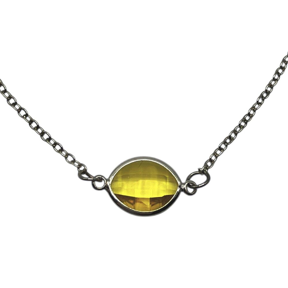 Open Bezel Yellow Oval Pendant Necklace Faceted Glass Stone Silver Tone Boho 20"